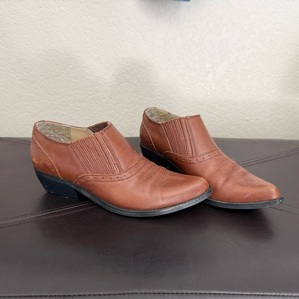 Brown Leather Slip-On Low Cowboy Style Booties